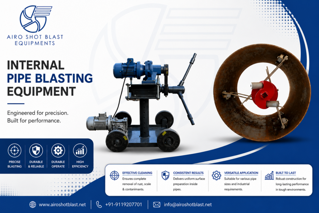 Internal pipe blasting equipment by Airo Shot Blast Equipments for precision cleaning and surface preparation of industrial pipes