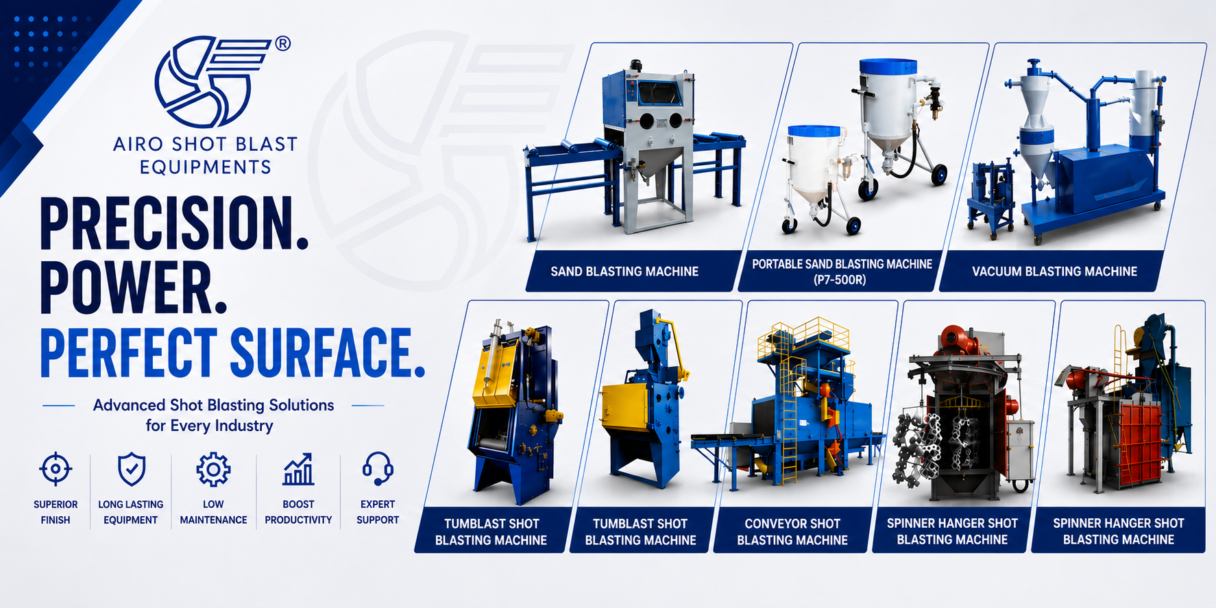 AIRO Shot Blast Equipments showcasing industrial sand blasting, portable, vacuum, tumblast, conveyor, surface preparation equipment and spinner hanger shot blasting machines